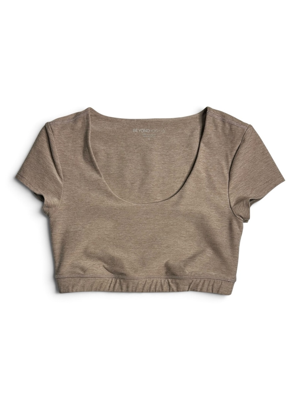 BEYOND YOGA Spacedye Focused Short Sleeve Crop Top Taupe Heathered Medium